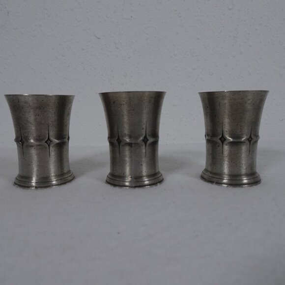 Vintage SKS ZINN 95% Pewter Embossed Shot Glass Set of 3 Cups Goblet - Picture 1 of 8